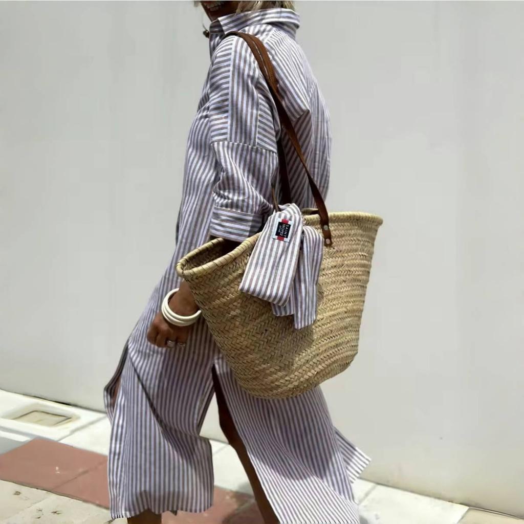 Long Sleeve Cotton Linen Shirt Dress Elegant Long Dress for Women Fashion Print Button Lapel Neck Casual Dresses Robe Femme