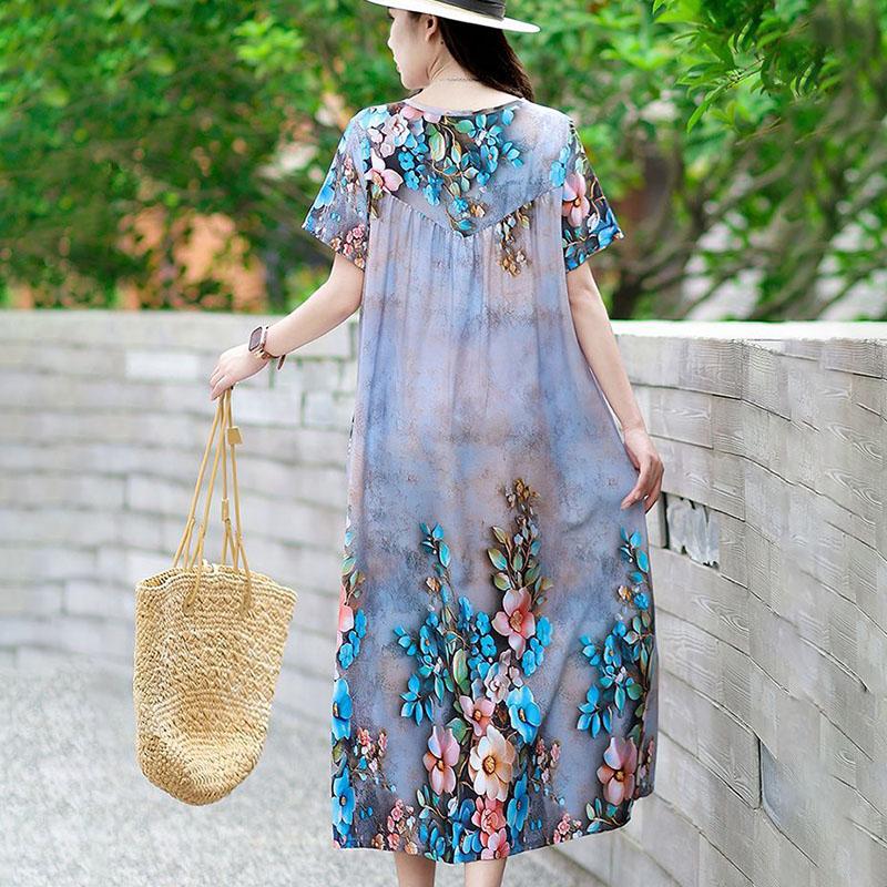 Summer Women's Plus Size Dress Loose Round Neck Floral Dress Soft Skin-friendly Breathable Long Dress