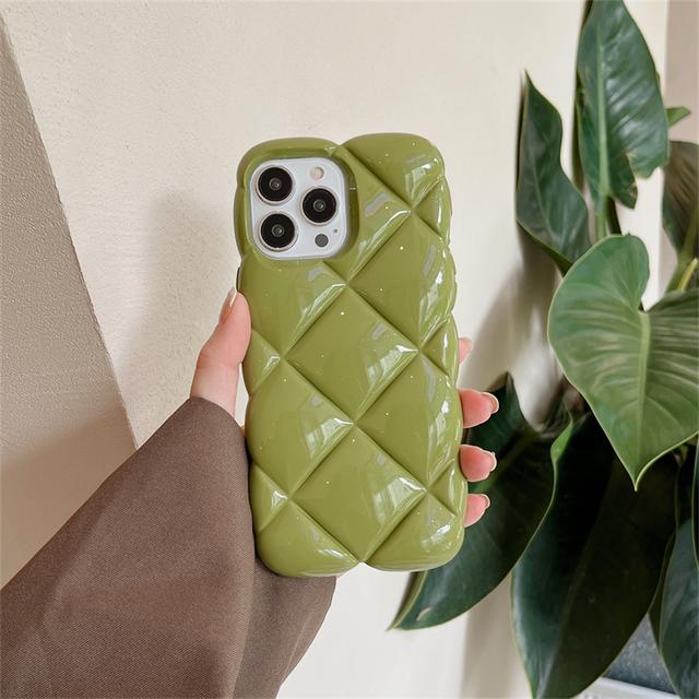 Korean Stylish 3d Diamond Lattice Plain Phone Case For Iphone 14 13 12 11 Pro Max Glossy Grid Shockproof Soft Back Cover Funda