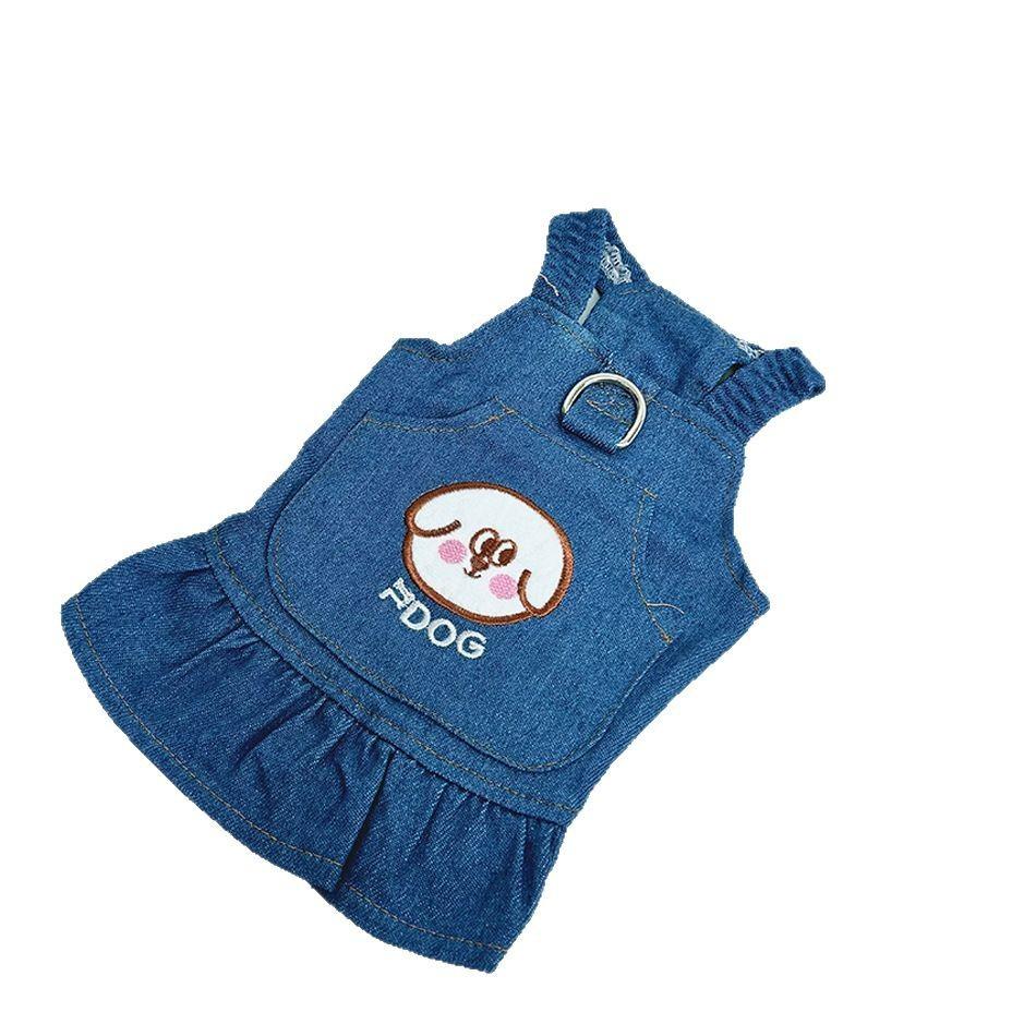 Adorable Comfortable Dog Dress Denim Print Puppy Head Design Lightweight Pet Clothes in Light Blue And Dark Blue for Dogs