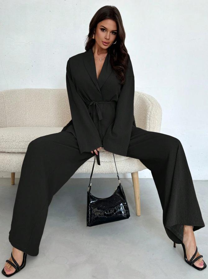2025 Autumn/Winter European & American Fashion V-Neck Women's Elegant Long-Sleeved Wide-Leg Pants Set