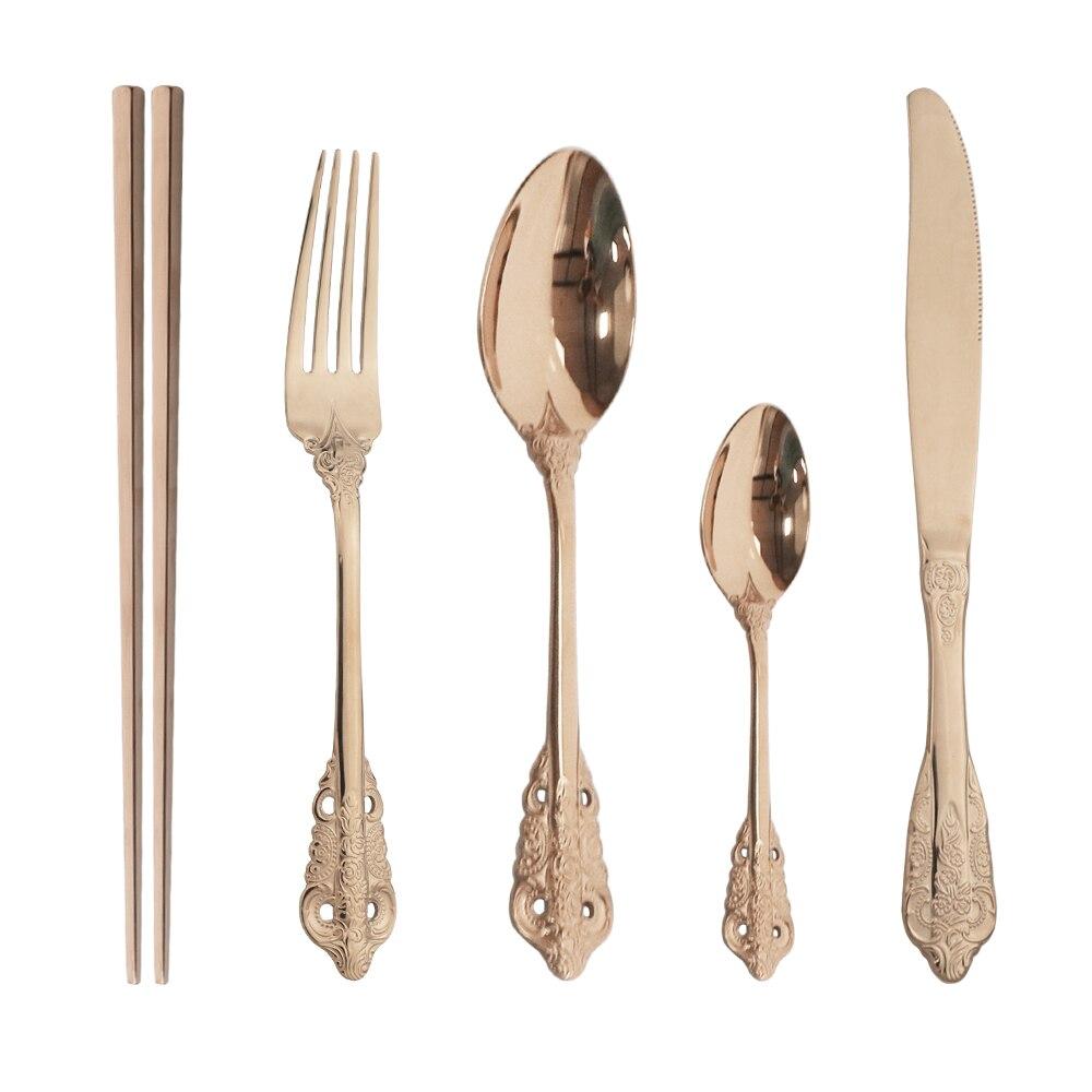 5Pcs Palace Style Dinnerware Stainless Steel Kitchen Portable Cutlery Set of Tableware Spoon Forks Knives Chopstick Silverware