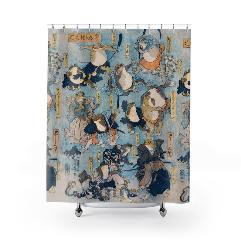 Tonnika Chen Samurai Frogs Shower Curtain ~ Vintage Japanese Folklore, Ninja Frog And Toad, Fun Bathroom Decor