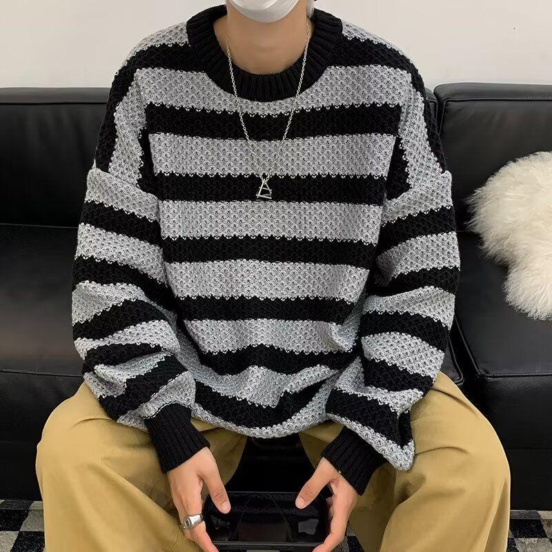 Kontrastfarben Gestreifte Strickpullover Herrenbekleidung Rundhals Herbst Winter Junger Stil Locker Lässig Gespleißte Pullover