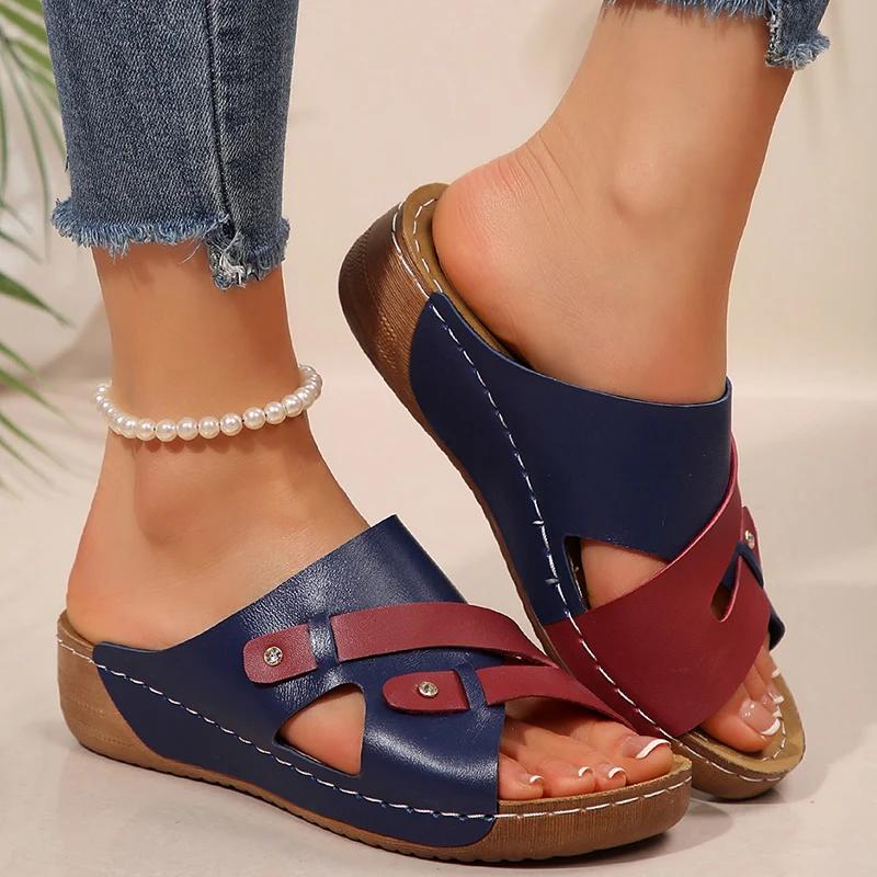 Fashion New Summer Beach Fashion Wedge Sandals for Women Mix Color PU Leather Platform Slippers Woman Comfort Non Slip Outdoor Slippers