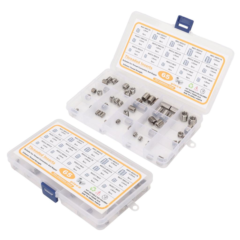 65PCS Threaded Insert Assortment Kit 303 Stainless Steel Thread Repair Sleeves Reducing Nuts