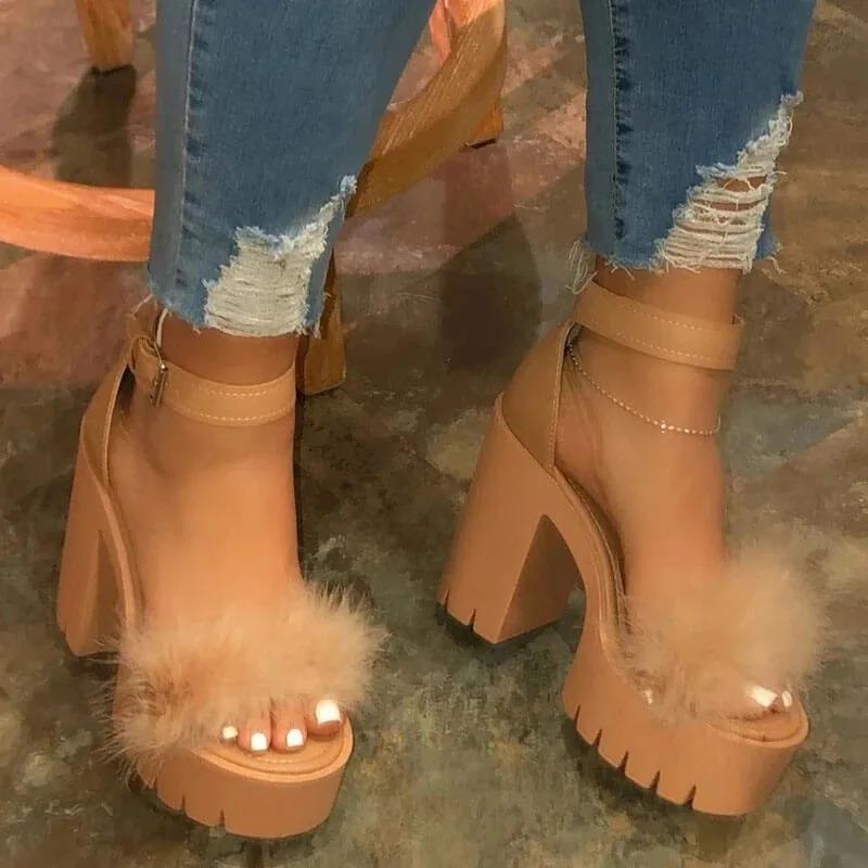 New Women Summer Collection Colorful Fluffy Coarse Heel Fashion Buckle High Heel Women's Square Heel Sandals
