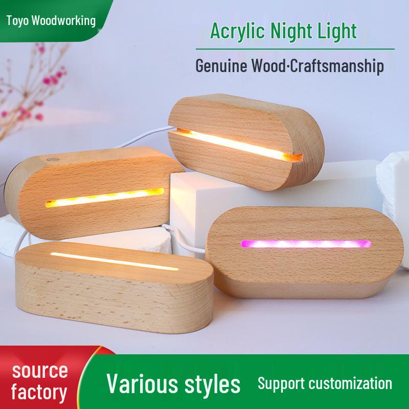 Oval Touch-Control LED Night Lamp with USB, Beech Wood Base