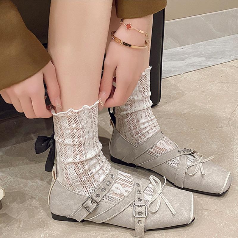 Women's Fashion Single Shoes Spring New Square Head Shallow Mouth Butterfly Knot Soft Sole Anti-slip Wear-resistant Flat Shoes