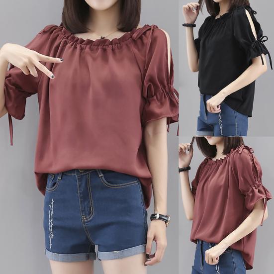 

Женская свободная футболка с короткими рукавами и открытыми плечами, блузка, топ с завязками на шнурке M коричневый