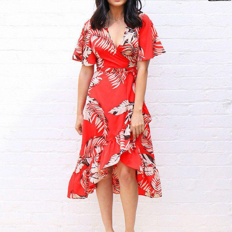 WTEMPO New Arrival 2019 Chiffon Summer Dress Sexy V Neck Print Short Sleeve Beach Dress Irregular Sa