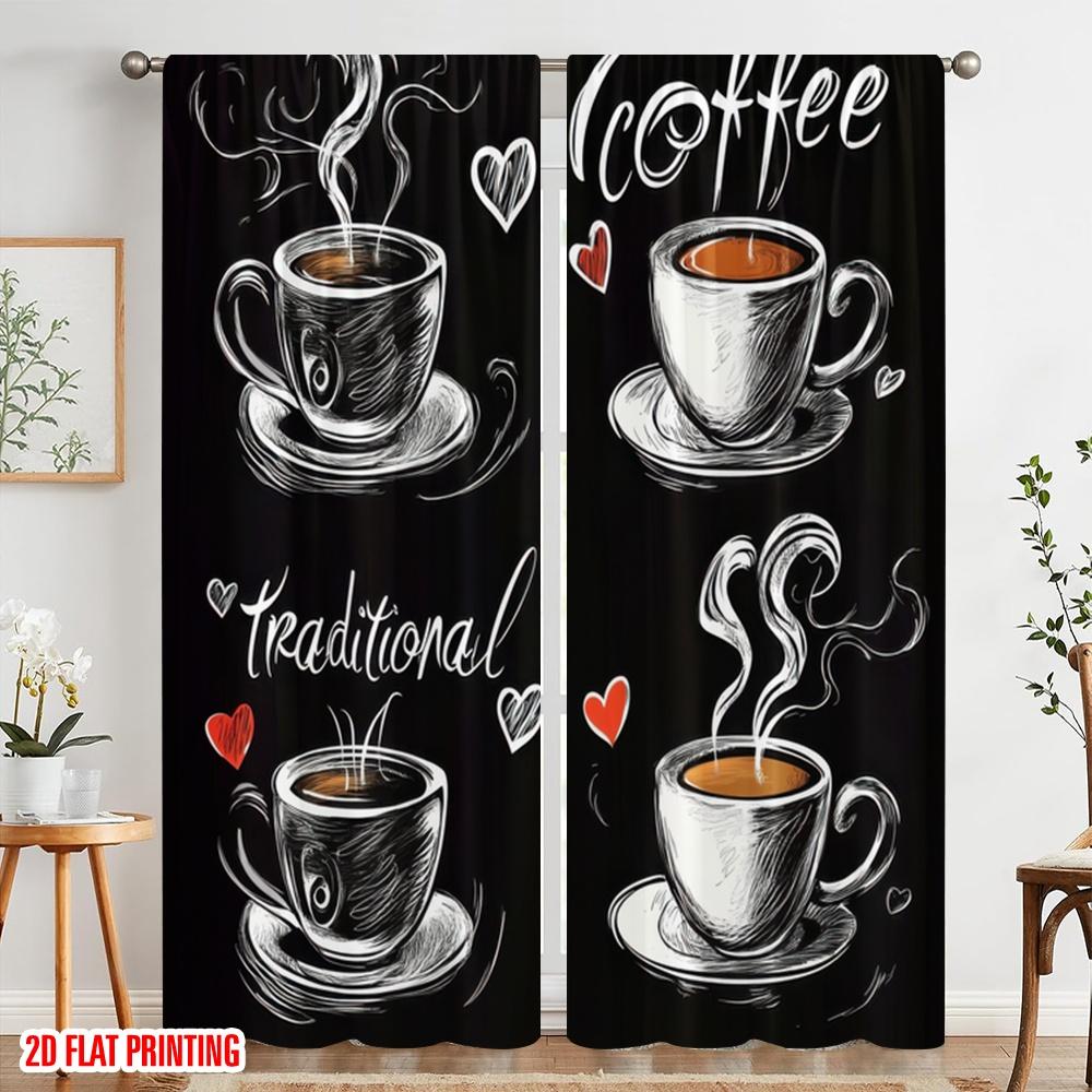 2pcs,2D Plane Printing Curtains Coffee Love Art Versatile Fabric (without Rod) Art Deco Festive Perfect for Bedroom, Living