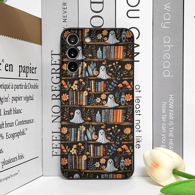 Halloween Pumpkin Ghost Bookshelf Book Phone Case for Samsung Galaxy A56 A42 A13 A14 A55 A16 A54 A36 A53 A52 A51 A50 Soft Covers