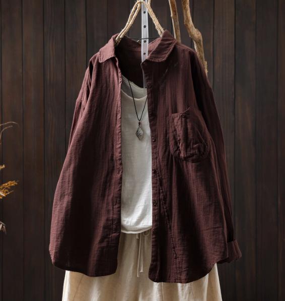 Johnature Femmes Chemises Vintage Tops Col Rabattu Patchwork Poches Blouses Automne Chemises Couleur Unie