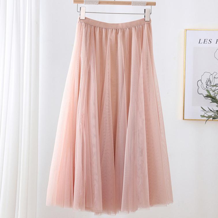 Qooth Women's Slim Skirt Mid Length Gauze Skirt Summer Simple Casual Skirt Fashion Full Dance Skirt QT2588