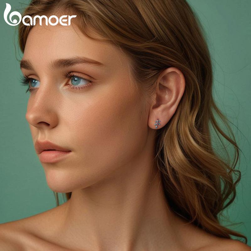 BAMOER 925 Sterling Silver Xmas Jewelry Gift Holly Open Ring Colorful Flower Leaf Stud Earrings Special New Year Holiday Gift