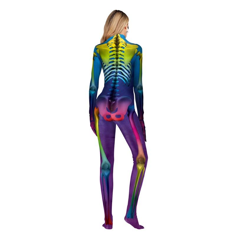 Halloween color human skeleton digital printing one-piece long-sleeved tights with hands and feet one-piece
