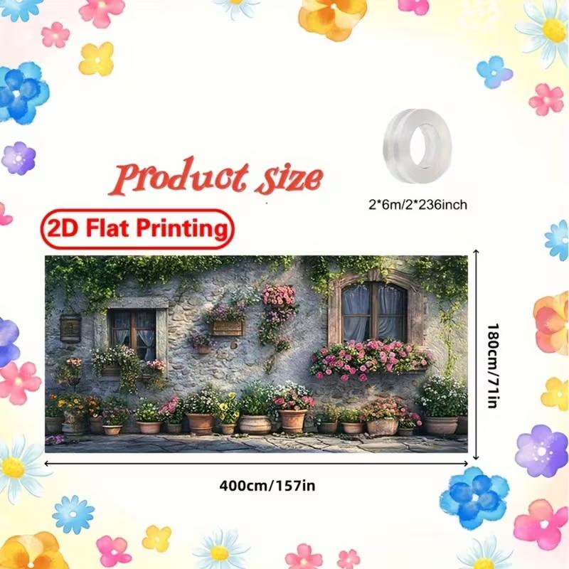 2D Italian Flower Wall Backdrop, Old Cottage with Potted Roses & Ivy for Outdoor Party