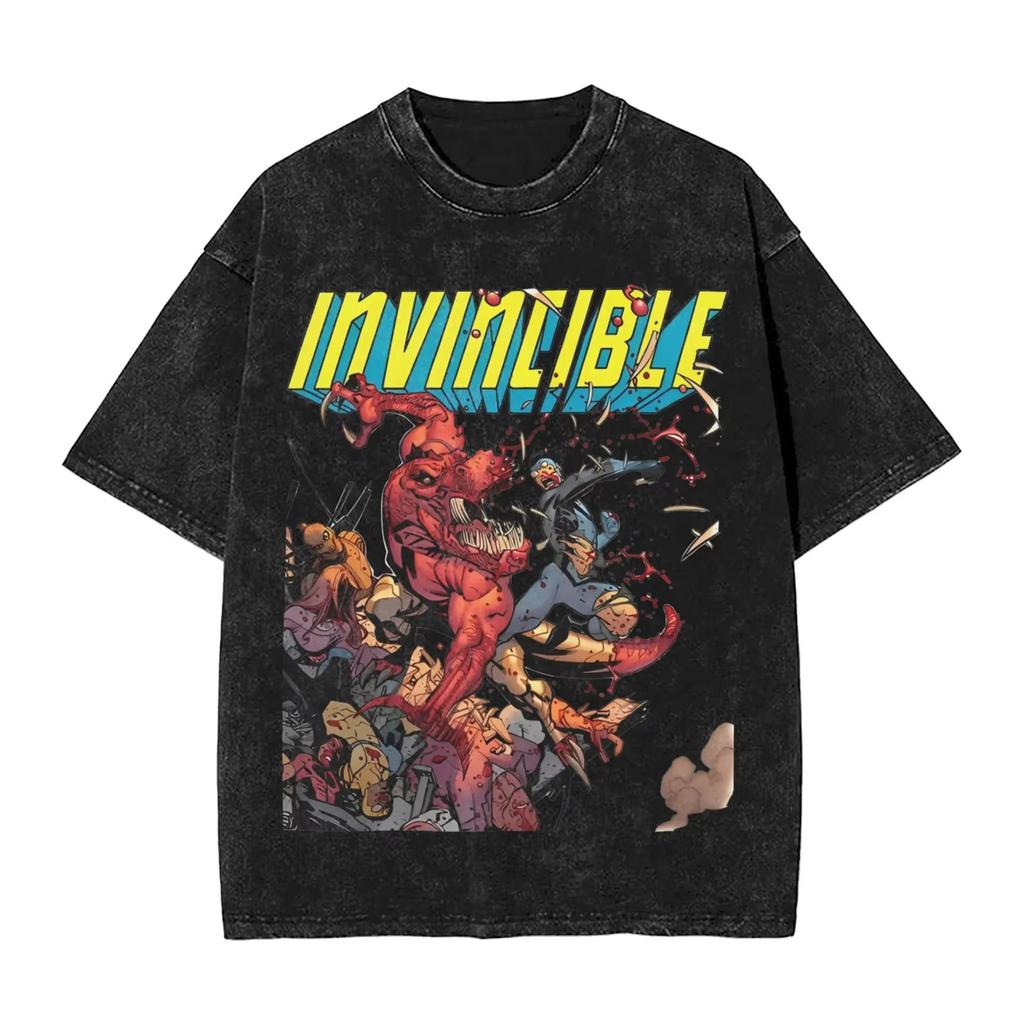 Hot Sale Anime Crazy Invincible Graphic Print Tshirt Vintage Washed Harajuku Y2k Fashion Summer Tee Hip Hop Streetwear Tshirt