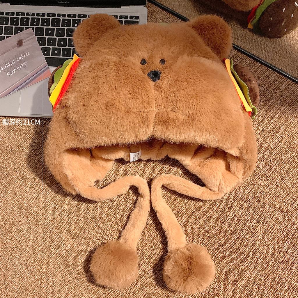 MIND BOY Cute Burger Bear Plush Hat Female Warm Big Head Circumference Show Face Small Ear Protection Lei Feng Hat