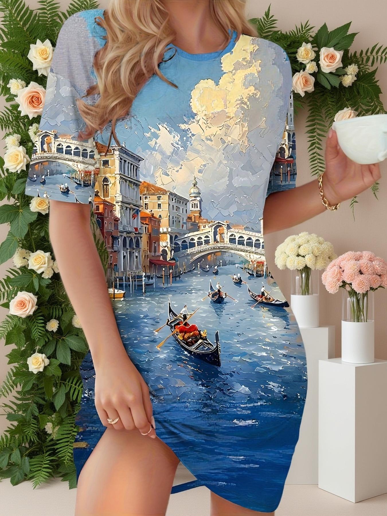 

New Women S Short-Sleeve Round-Neck Dress with Venice Background Print Sleepwear 2XL дубильная кора