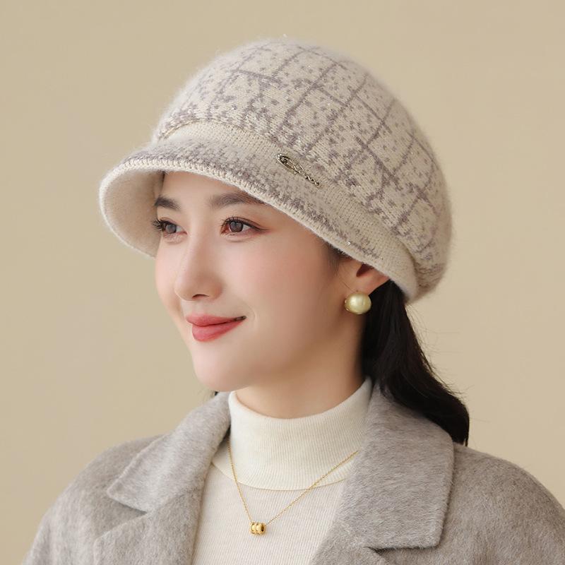 

Женская шляпа для пожилых людей Осень и зима Вязаная плюшевая теплая шерстяная шапка из кроличьего меха Берет с козырьком one size