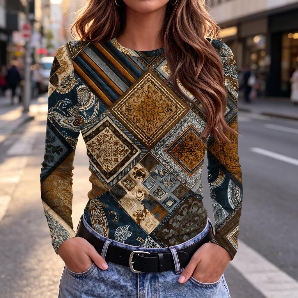 Women's Slim Fit Long Sleeve T-Shirt Vintage Print Round Neck Casual Top for Everyday Wear