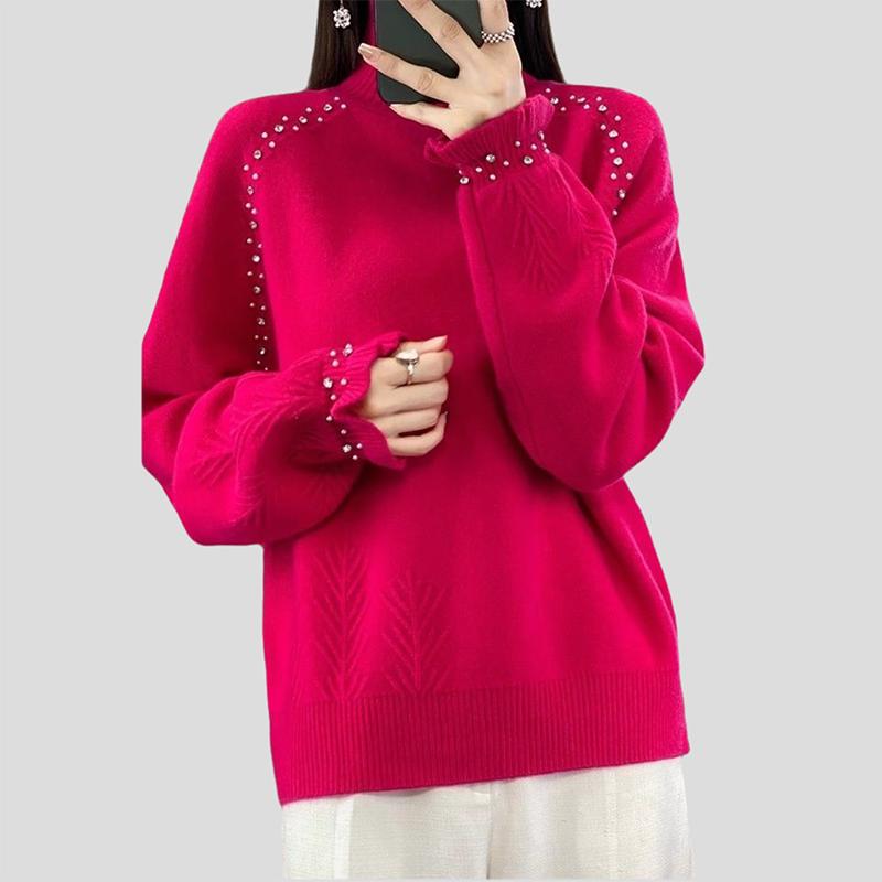 Women's Turtleneck Sweater Autumn Winter Beaded Loose Sweater Solid Color Pullover Knit Top
