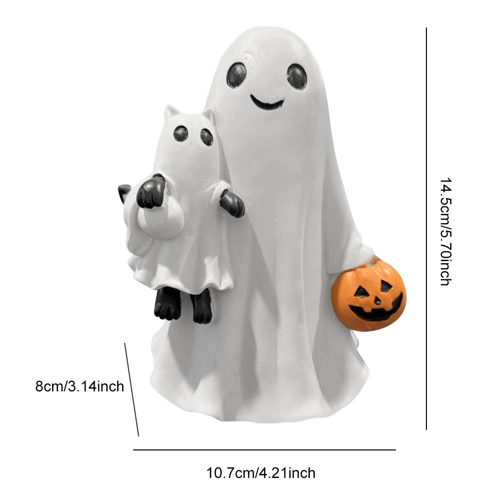 Halloween Ghost Tabletop Sculpture with Pumpkin Spooky Ghost Resin Figurine Hugging Cat for Friends Desktop Ornament