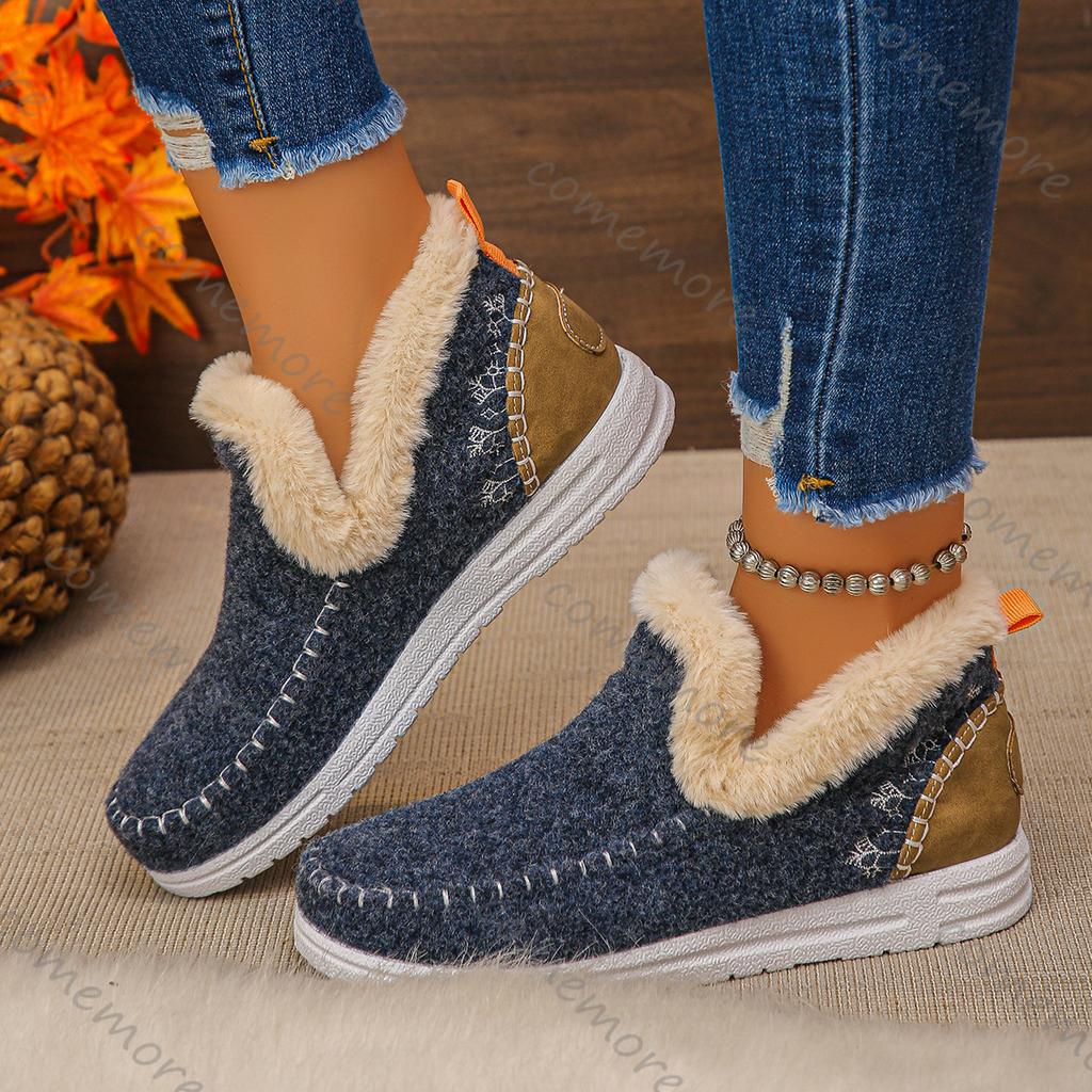 Fashion Comemore Winter Flats for Women Thick-soled Snow Boots Female Padded Thickened Fur Warm Large Size Casual Women's Cotton Shoes