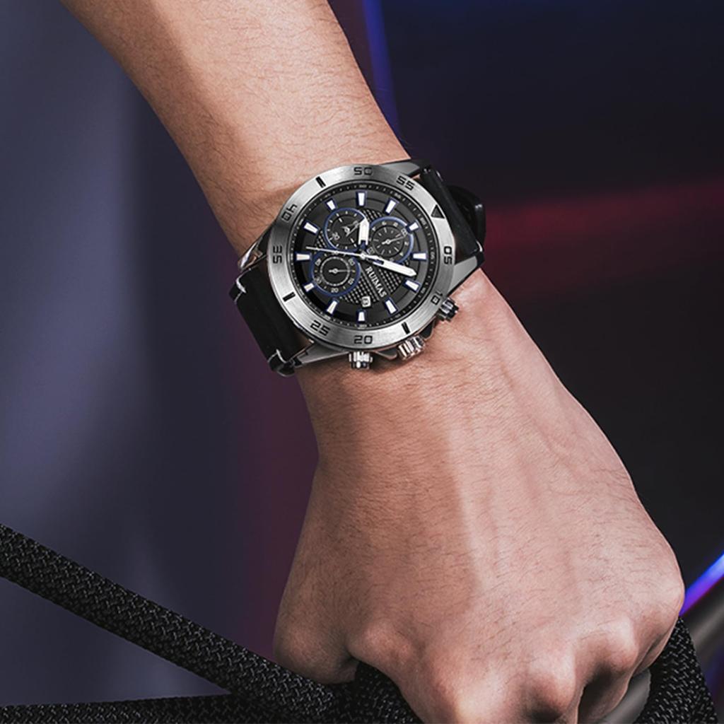 Analog Quartz Watch with Waterproof Leather Date Luminous Simple and Stylish Design Men's Band, Display, Dial, Silver/Black