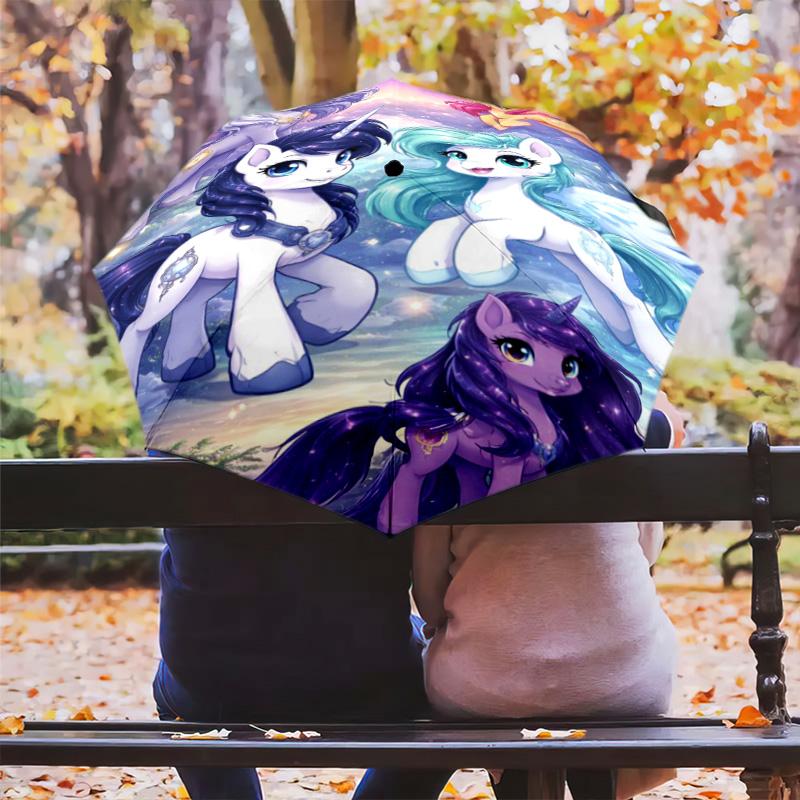 Rainbow Ponies Bright Folding Umbrella Portable Travel Three Folds Umbrella Printing
