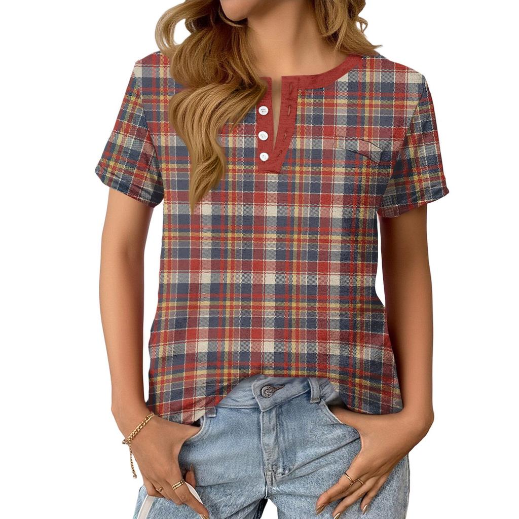 Modisches Lässiges Sommer-Karomuster V-Ausschnitt Knopf Kurzarm-Oberteil für Damen