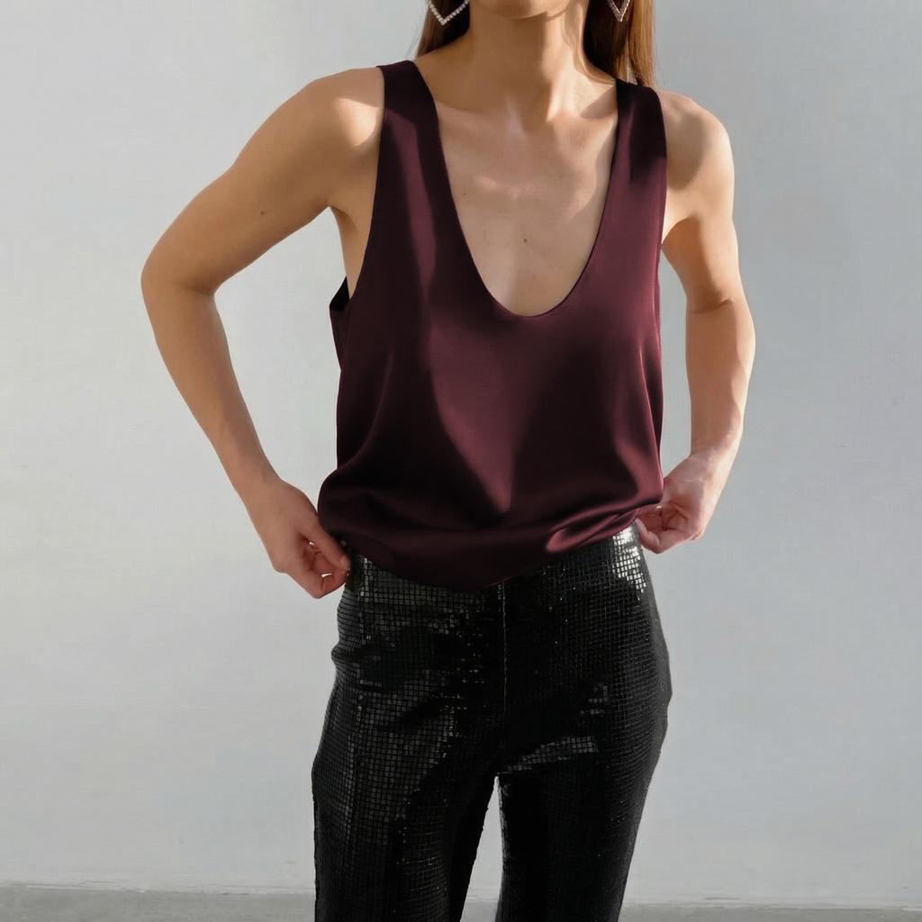 Women's Satin V-Neck Tank Top Sleeveless Silky Camisole Blouse