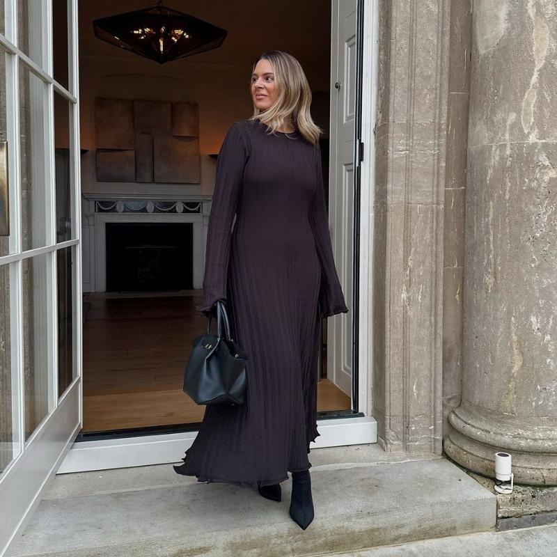 Pletené Maxi Šaty Dámské Podzim Zima Nové Ležérní Retro S Vysokým Pasem Žebrovaný Svetr Bodycon Šaty Dámské Sváteční Párty Outfity