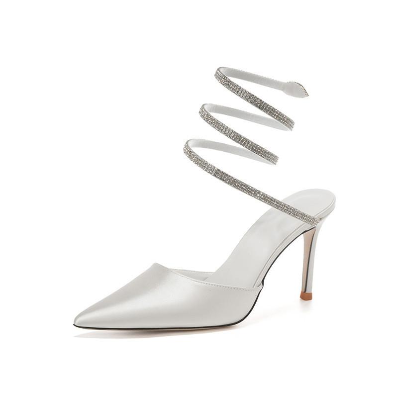 Fashion Luxury Rhinestones Snake Wrapped Satin Women Pumps Sexy Ankle Strap Pointed toe Stiletto High heels Socialite Banquet Shoes