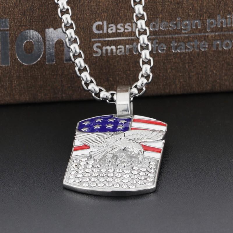 Hip Hop Square Stone Pendant for Men Eagle Baked American Flag Stainless Steel Pendant Necklace Personalized Charms Jewelry