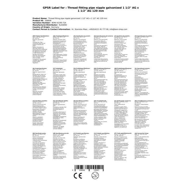 Mamelon Acier Galvanisé 1 1/2 Pouce, 120mm