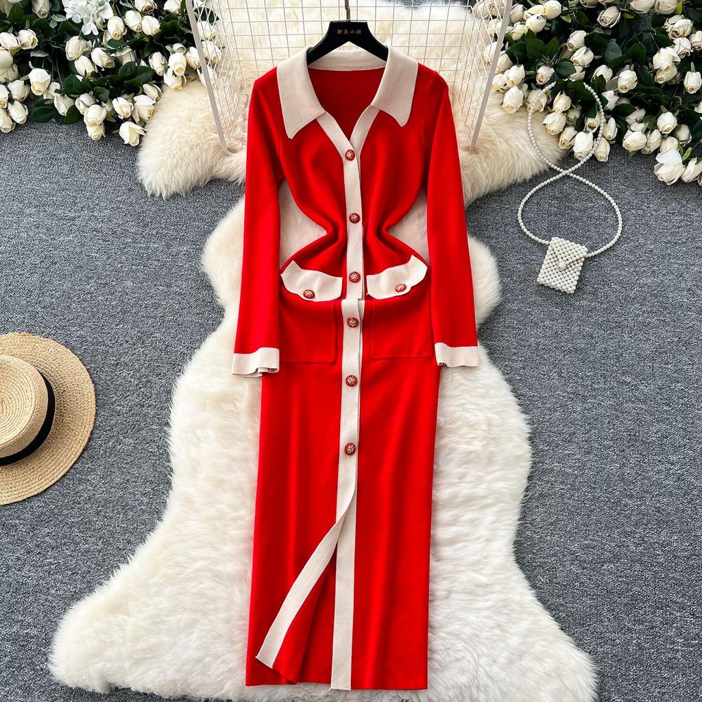 Women's French Retro Color Clashing Lapel Single-breasted Waist Temperament Split Knee-length Knit Dress