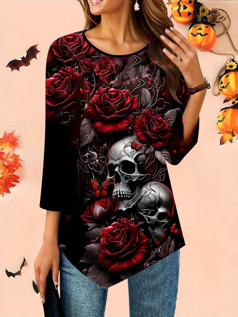 Women's Loose Round Neck Three Quarter Sleeve Tee 3D Halloween Pattern Ideal Halloween and Christmas Gift