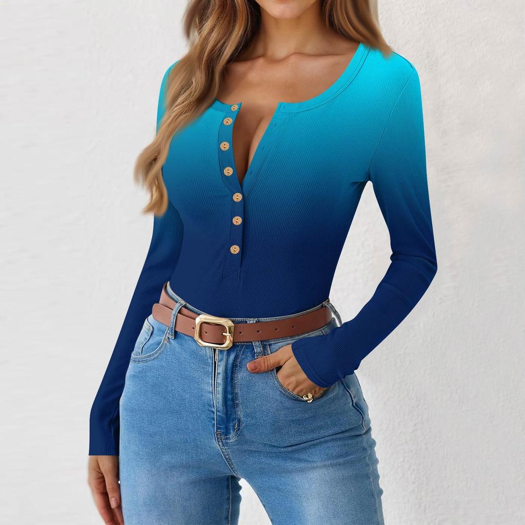 Women's  And Winter Slim Bottom T-shirt Fashion Casual Gradient Printing Round Neck Pullover Long Sleeve Top
