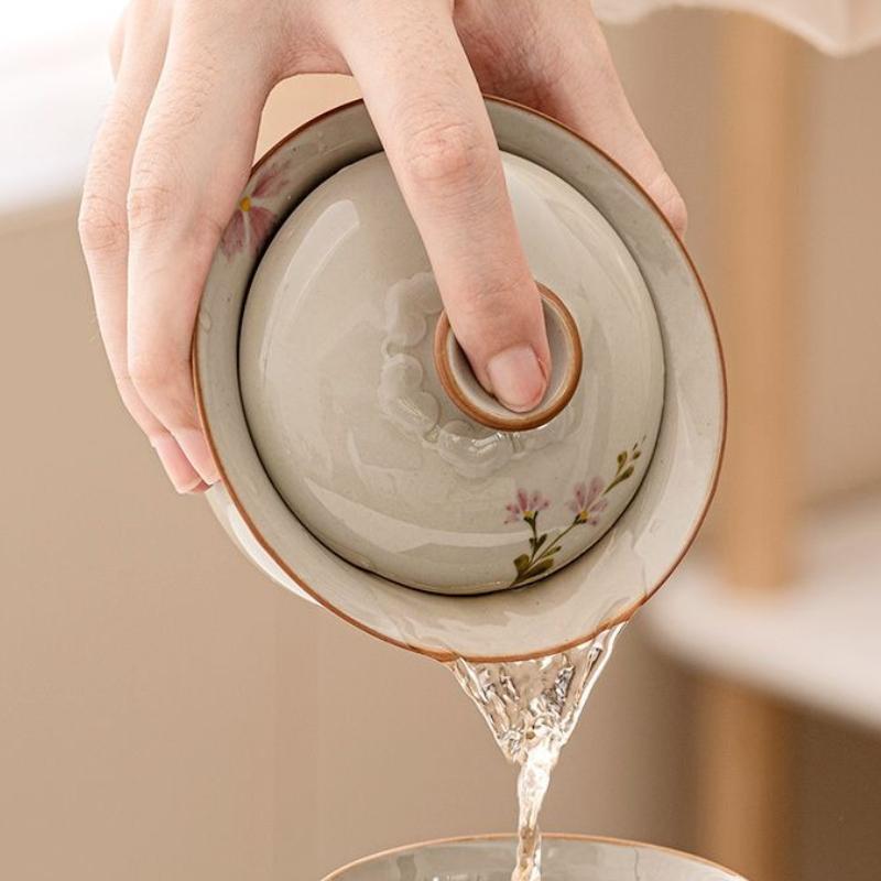 Plant Ash Glazed Ceramic Tea Bowl Daisy Design Three Layer Lid Chinese Gongfu Tea Set Heat Resistant Home Brewing Gift Idea