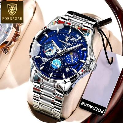 Brand Fashion Starry Sky Chronograph Quartz Watch Men Stainless Steel/Leather Strap Waterproof Luminous Date Men's Watches