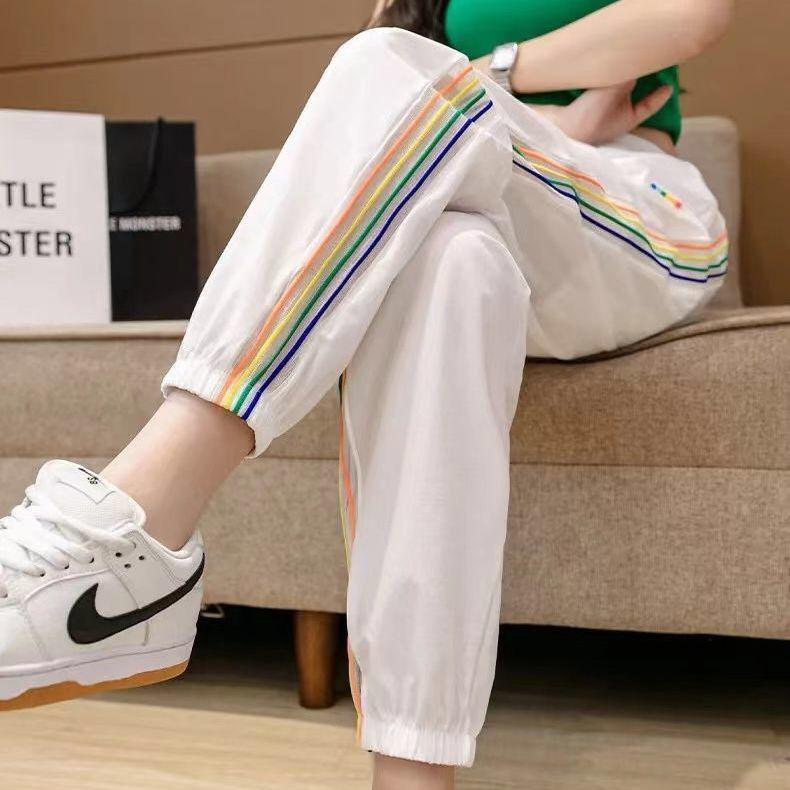 

Women s Rainbow Stripe Quick-Dry Harem Pants – Plus Size, Lightweight, Elastic Cuffs, Loose Fit, Colorful Joggers for Summer. 3XL [145-160 Jin] белый