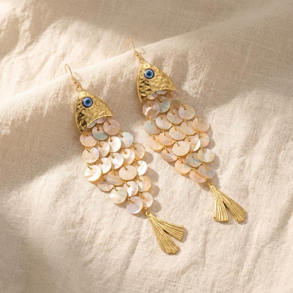 Design-Sinn Fischförmige Ohrringe Kreative Mehrschichtige Muschel Schuppige Quaste Hängende Ohrringe Nische Sommer Strandurlaub Schmuck