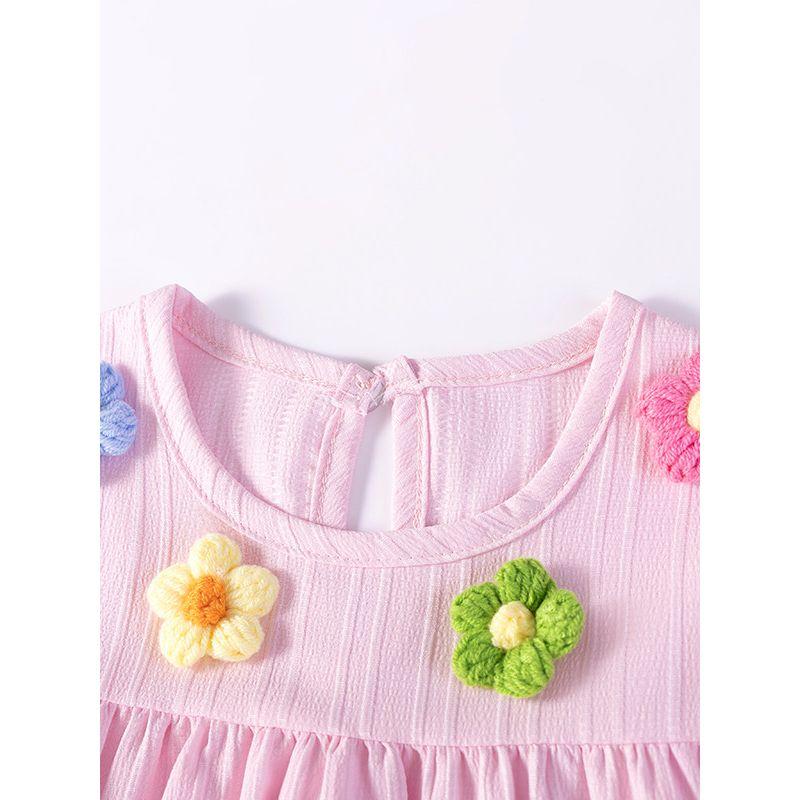 Candy Style Girls' Short-Sleeved Dress, Summer Kidsren's Pink Flower-Decorated Mid-Length Dress, Baby Pure Cotton