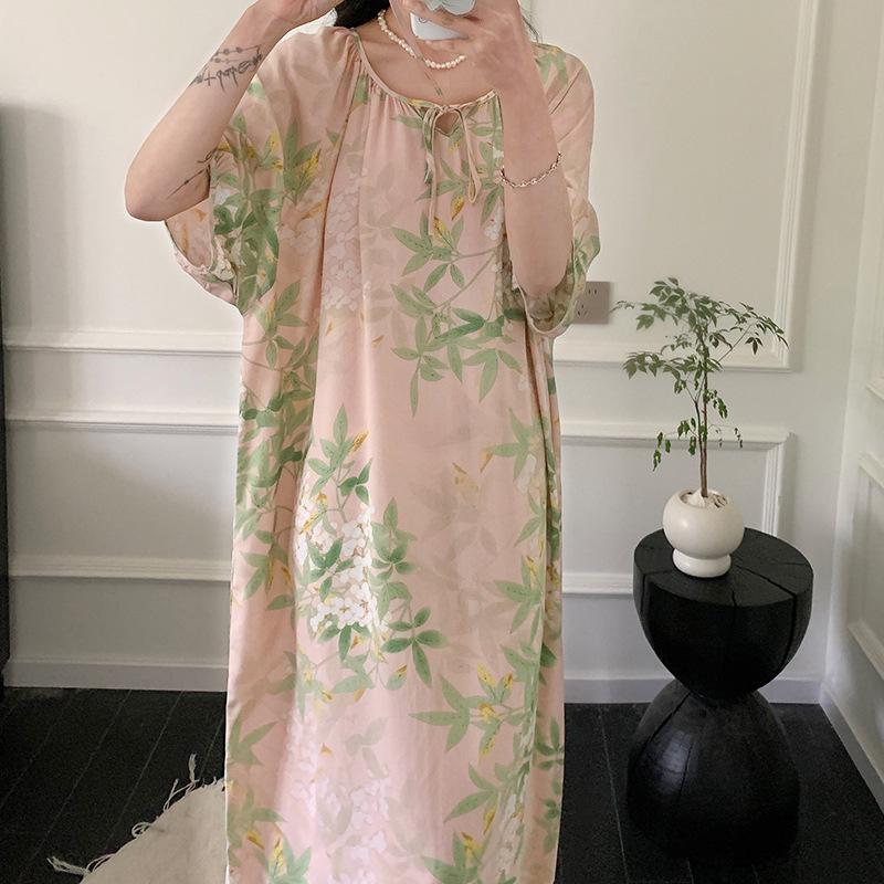 1011 new cotton and silk nightdress women's summer short-sleeved pajamas cartoon pony element long loose cotton silk skirt can be worn outside