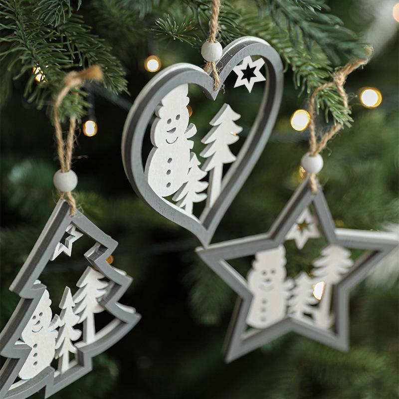 Cross Border Hot Selling Gray Wooden Hollow Christmas Pendant Wooden Wooden Creative Christmas Tree Hanging Decoration