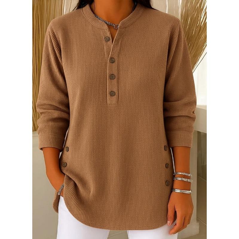 Women S V Neck Button Long Sleeve Loose Casual Solid Color T Shirt S хаки