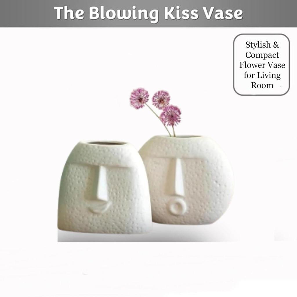 Ceramic White 'Kiss Face Vase' | Vases for Home Decor Decorative Vase for Dried Flowers and Pampas Grass - Set of 2